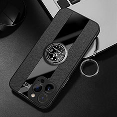 Silikon Hülle Handyhülle Gummi Schutzhülle Flexible Leder Tasche mit Magnetisch Fingerring Ständer für Apple iPhone 13 Pro Schwarz