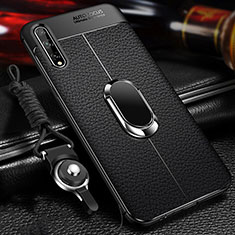 Silikon Hülle Handyhülle Gummi Schutzhülle Flexible Leder Tasche mit Magnetisch Fingerring Ständer für Huawei Enjoy 10S Schwarz