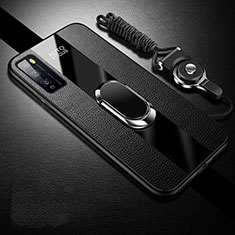 Silikon Hülle Handyhülle Gummi Schutzhülle Flexible Leder Tasche mit Magnetisch Fingerring Ständer für Huawei Enjoy 20 Pro 5G Schwarz