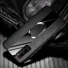 Silikon Hülle Handyhülle Gummi Schutzhülle Flexible Leder Tasche mit Magnetisch Fingerring Ständer für Huawei Honor 30 Pro+ Plus Schwarz
