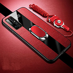 Silikon Hülle Handyhülle Gummi Schutzhülle Flexible Leder Tasche mit Magnetisch Fingerring Ständer für Huawei Honor 30 Rot