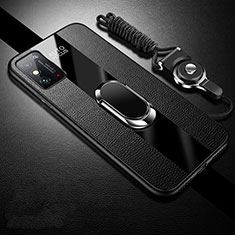 Silikon Hülle Handyhülle Gummi Schutzhülle Flexible Leder Tasche mit Magnetisch Fingerring Ständer für Huawei Honor X10 Max 5G Schwarz