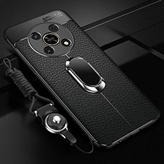 Silikon Hülle Handyhülle Gummi Schutzhülle Flexible Leder Tasche mit Magnetisch Fingerring Ständer für Huawei Honor X9 5G Schwarz