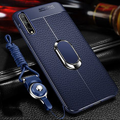 Silikon Hülle Handyhülle Gummi Schutzhülle Flexible Leder Tasche mit Magnetisch Fingerring Ständer für Huawei P smart S Blau