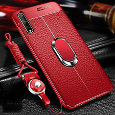Silikon Hülle Handyhülle Gummi Schutzhülle Flexible Leder Tasche mit Magnetisch Fingerring Ständer für Huawei P smart S Rot