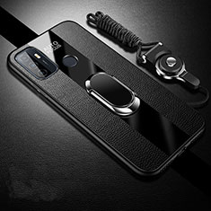 Silikon Hülle Handyhülle Gummi Schutzhülle Flexible Leder Tasche mit Magnetisch Fingerring Ständer für Oppo A11s Schwarz