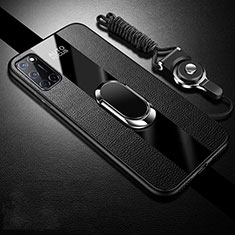 Silikon Hülle Handyhülle Gummi Schutzhülle Flexible Leder Tasche mit Magnetisch Fingerring Ständer für Oppo A72 Schwarz