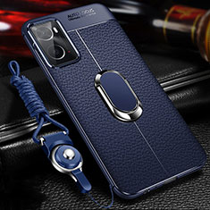 Silikon Hülle Handyhülle Gummi Schutzhülle Flexible Leder Tasche mit Magnetisch Fingerring Ständer für Oppo A76 Blau
