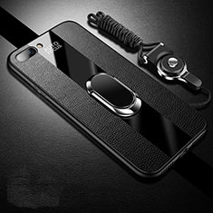 Silikon Hülle Handyhülle Gummi Schutzhülle Flexible Leder Tasche mit Magnetisch Fingerring Ständer für Oppo AX5 Schwarz