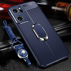 Silikon Hülle Handyhülle Gummi Schutzhülle Flexible Leder Tasche mit Magnetisch Fingerring Ständer für Oppo Find X5 Lite 5G Blau