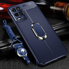 Silikon Hülle Handyhülle Gummi Schutzhülle Flexible Leder Tasche mit Magnetisch Fingerring Ständer für Oppo K9X 5G Blau