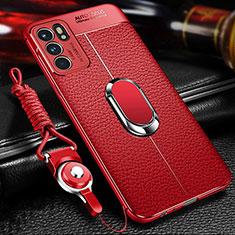 Silikon Hülle Handyhülle Gummi Schutzhülle Flexible Leder Tasche mit Magnetisch Fingerring Ständer für Oppo Reno6 5G Rot