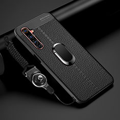 Silikon Hülle Handyhülle Gummi Schutzhülle Flexible Leder Tasche mit Magnetisch Fingerring Ständer für Realme 6 Pro Schwarz
