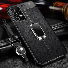 Silikon Hülle Handyhülle Gummi Schutzhülle Flexible Leder Tasche mit Magnetisch Fingerring Ständer für Samsung Galaxy A32 4G Schwarz