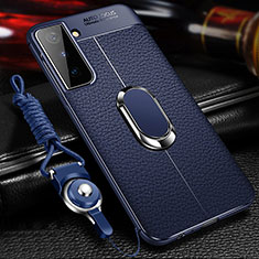 Silikon Hülle Handyhülle Gummi Schutzhülle Flexible Leder Tasche mit Magnetisch Fingerring Ständer für Samsung Galaxy S21 5G Blau