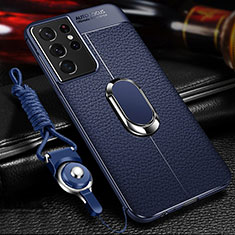 Silikon Hülle Handyhülle Gummi Schutzhülle Flexible Leder Tasche mit Magnetisch Fingerring Ständer für Samsung Galaxy S21 Ultra 5G Blau