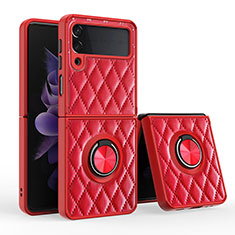 Silikon Hülle Handyhülle Gummi Schutzhülle Flexible Leder Tasche mit Magnetisch Fingerring Ständer für Samsung Galaxy Z Flip3 5G Rot