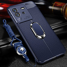 Silikon Hülle Handyhülle Gummi Schutzhülle Flexible Leder Tasche mit Magnetisch Fingerring Ständer für Vivo iQOO Neo6 5G Blau