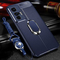 Silikon Hülle Handyhülle Gummi Schutzhülle Flexible Leder Tasche mit Magnetisch Fingerring Ständer für Vivo X70 5G Blau