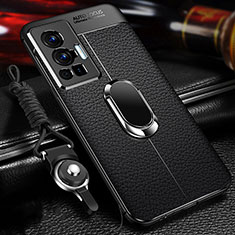 Silikon Hülle Handyhülle Gummi Schutzhülle Flexible Leder Tasche mit Magnetisch Fingerring Ständer für Vivo X70 Pro 5G Schwarz