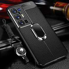 Silikon Hülle Handyhülle Gummi Schutzhülle Flexible Leder Tasche mit Magnetisch Fingerring Ständer für Vivo X70 Pro+ Plus 5G Schwarz