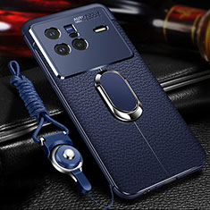 Silikon Hülle Handyhülle Gummi Schutzhülle Flexible Leder Tasche mit Magnetisch Fingerring Ständer für Vivo X80 5G Blau