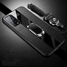 Silikon Hülle Handyhülle Gummi Schutzhülle Flexible Leder Tasche mit Magnetisch Fingerring Ständer für Xiaomi Mi 10T 5G Schwarz