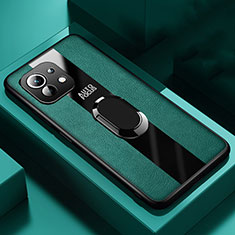 Silikon Hülle Handyhülle Gummi Schutzhülle Flexible Leder Tasche mit Magnetisch Fingerring Ständer für Xiaomi Mi 11 5G Grün