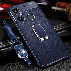 Silikon Hülle Handyhülle Gummi Schutzhülle Flexible Leder Tasche mit Magnetisch Fingerring Ständer für Xiaomi Poco C55 Blau