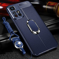 Silikon Hülle Handyhülle Gummi Schutzhülle Flexible Leder Tasche mit Magnetisch Fingerring Ständer für Xiaomi Poco M4 Pro 5G Blau