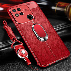 Silikon Hülle Handyhülle Gummi Schutzhülle Flexible Leder Tasche mit Magnetisch Fingerring Ständer für Xiaomi Redmi 9C Rot