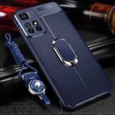 Silikon Hülle Handyhülle Gummi Schutzhülle Flexible Leder Tasche mit Magnetisch Fingerring Ständer für Xiaomi Redmi Note 11 5G Blau