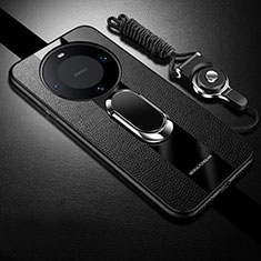 Silikon Hülle Handyhülle Gummi Schutzhülle Flexible Leder Tasche mit Magnetisch Fingerring Ständer PB1 für Huawei Mate 60 Pro Schwarz