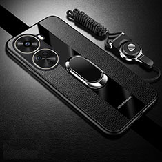 Silikon Hülle Handyhülle Gummi Schutzhülle Flexible Leder Tasche mit Magnetisch Fingerring Ständer PB1 für Huawei Nova 11 SE Schwarz