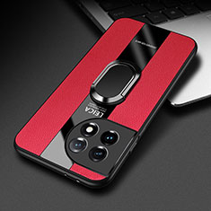Silikon Hülle Handyhülle Gummi Schutzhülle Flexible Leder Tasche mit Magnetisch Fingerring Ständer PB1 für OnePlus 11R 5G Rot