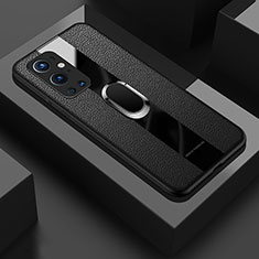 Silikon Hülle Handyhülle Gummi Schutzhülle Flexible Leder Tasche mit Magnetisch Fingerring Ständer PB1 für OnePlus 9 Pro 5G Schwarz