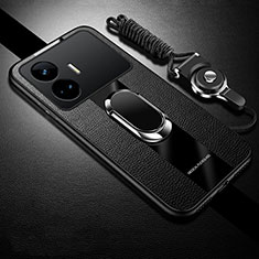 Silikon Hülle Handyhülle Gummi Schutzhülle Flexible Leder Tasche mit Magnetisch Fingerring Ständer PB1 für Realme GT Neo5 SE 5G Schwarz