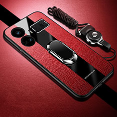 Silikon Hülle Handyhülle Gummi Schutzhülle Flexible Leder Tasche mit Magnetisch Fingerring Ständer PB1 für Realme GT Neo6 5G Rot
