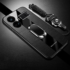 Silikon Hülle Handyhülle Gummi Schutzhülle Flexible Leder Tasche mit Magnetisch Fingerring Ständer PB1 für Realme GT3 5G Schwarz