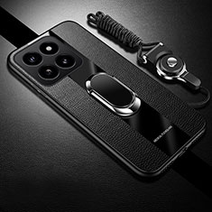 Silikon Hülle Handyhülle Gummi Schutzhülle Flexible Leder Tasche mit Magnetisch Fingerring Ständer PB1 für Xiaomi Mi 14 5G Schwarz