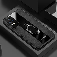 Silikon Hülle Handyhülle Gummi Schutzhülle Flexible Leder Tasche mit Magnetisch Fingerring Ständer PB1 für Xiaomi Poco F4 5G Schwarz