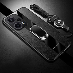 Silikon Hülle Handyhülle Gummi Schutzhülle Flexible Leder Tasche mit Magnetisch Fingerring Ständer PB1 für Xiaomi Poco F5 5G Schwarz