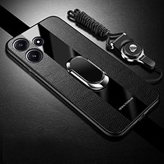 Silikon Hülle Handyhülle Gummi Schutzhülle Flexible Leder Tasche mit Magnetisch Fingerring Ständer PB1 für Xiaomi Poco M6 Pro 5G Schwarz