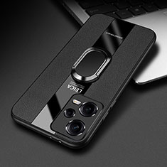 Silikon Hülle Handyhülle Gummi Schutzhülle Flexible Leder Tasche mit Magnetisch Fingerring Ständer PB1 für Xiaomi Poco X5 5G Schwarz