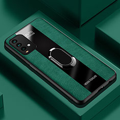 Silikon Hülle Handyhülle Gummi Schutzhülle Flexible Leder Tasche mit Magnetisch Fingerring Ständer PB1 für Xiaomi Redmi 9T 4G Grün