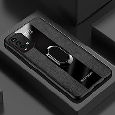 Silikon Hülle Handyhülle Gummi Schutzhülle Flexible Leder Tasche mit Magnetisch Fingerring Ständer PB1 für Xiaomi Redmi 9T 4G Schwarz