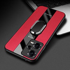 Silikon Hülle Handyhülle Gummi Schutzhülle Flexible Leder Tasche mit Magnetisch Fingerring Ständer PB1 für Xiaomi Redmi Note 12 Pro 5G Rot