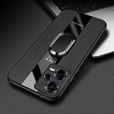 Silikon Hülle Handyhülle Gummi Schutzhülle Flexible Leder Tasche mit Magnetisch Fingerring Ständer PB1 für Xiaomi Redmi Note 12 Pro+ Plus 5G Schwarz