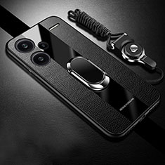 Silikon Hülle Handyhülle Gummi Schutzhülle Flexible Leder Tasche mit Magnetisch Fingerring Ständer PB1 für Xiaomi Redmi Note 13 Pro+ Plus 5G Schwarz