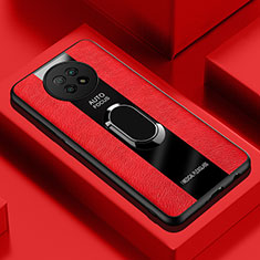 Silikon Hülle Handyhülle Gummi Schutzhülle Flexible Leder Tasche mit Magnetisch Fingerring Ständer PB1 für Xiaomi Redmi Note 9T 5G Rot
